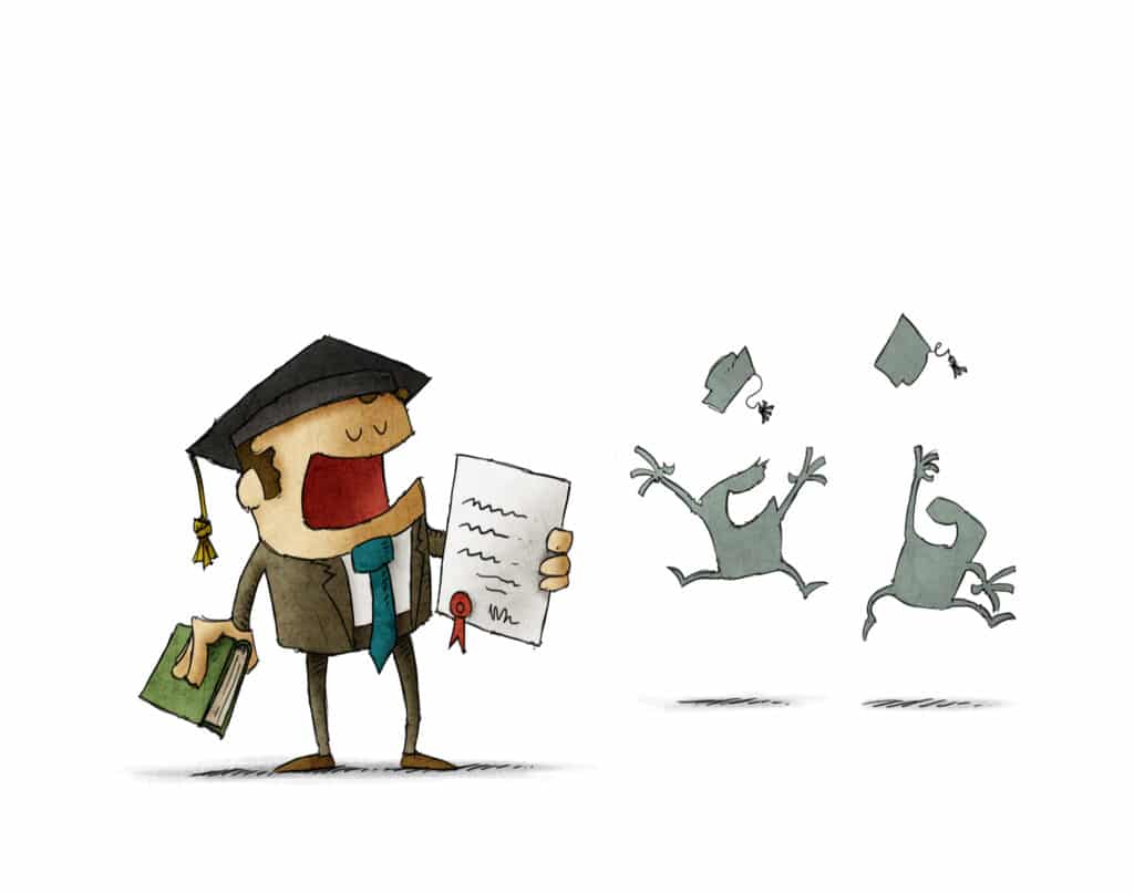 Cartoon man with mortar board, certificate and others celebrating in the background