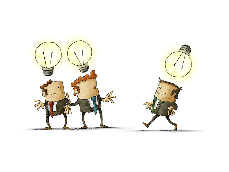 Three cartoon characters with light bulbs illuminating over the tops of their heads