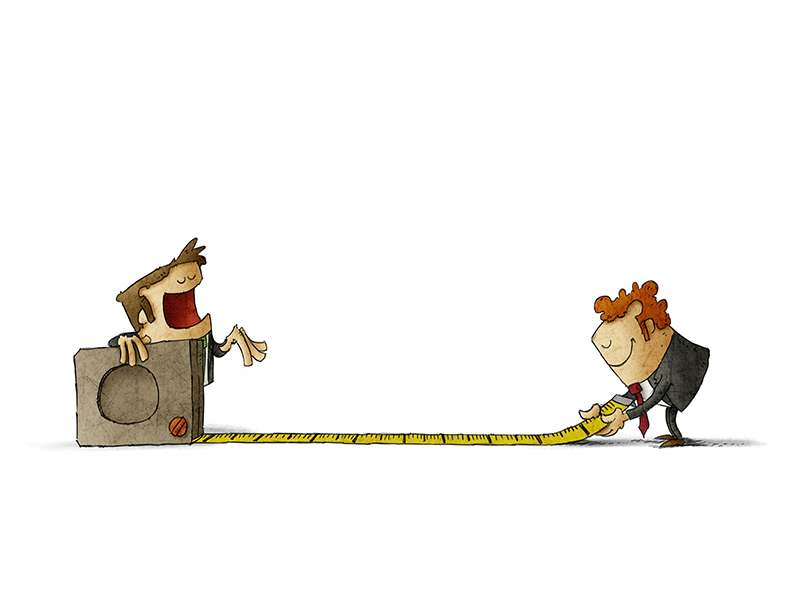 Two cartoon characters measuring distance with massive tape measure