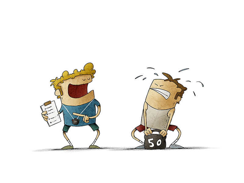 Cartoon man coaching and pointing to a list, whilst other cartoon character struggles to lift very heavy weight